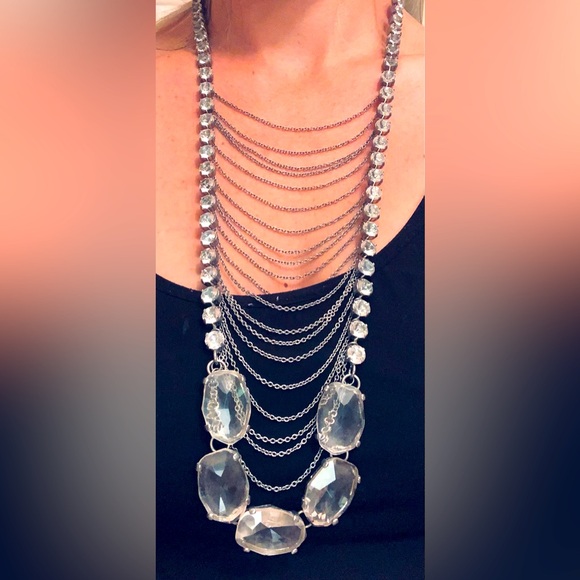 Long Silver Rhinestones 💎 with Chains Necklace - Picture 1 of 5